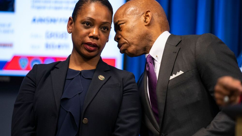 NYC Mayor Eric Adams talks with NYPD comish Keechant Sewell