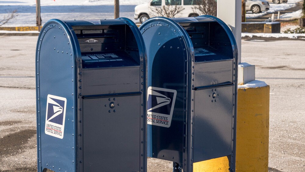 Mailboxes in a parking lot in Swissvale, Pennsylvania, USA