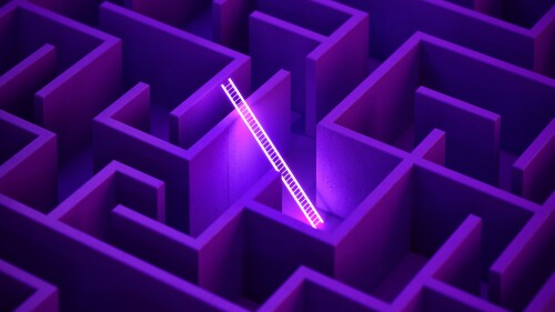 Strategy And Getting Away From All Concept - Glowing White Ladder In A Purple Maze
