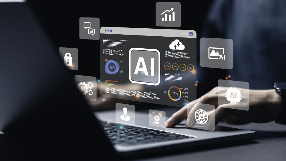 a data analyst using technology AI for working tool for data analysis Chatbot Chat with AI, using technology smart robot AI, artificial intelligence to generate something or Help solve work problems.