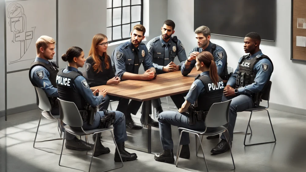 DALL·E 2024-06-27 11.26.12 - A realistic depiction of a diverse group of police officers, including both young and veteran members, engaging in a collaborative discussion. They.webp