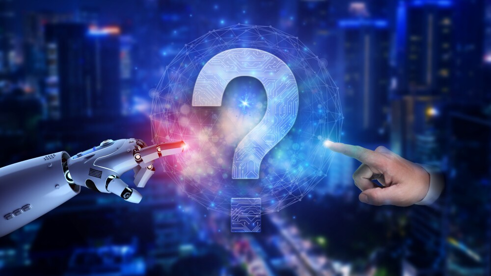 Futuristic AI and Human Interaction with Holographic Question Mark