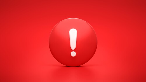 Red urgency warning icon symbol and alert security caution message or exclamation danger safety sign on error risk secure mark illustration background with warn signal stop attention alarm. 3D render.