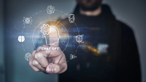 A.I. Chat with AI, Artificial Intelligence. Adult man chatting with a smart AI or artificial intelligence using an artificial intelligence chatbot developed, Futuristic technology ..