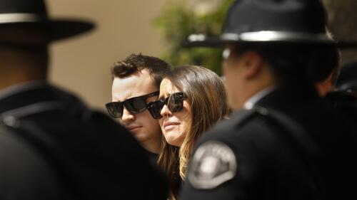 Los Angeles Police Officer Houston R. Tipping passed away Sunday, May 29, 2022. Family, friends, city officials and fellow officers gather at Forest Lawn Hollywood Hills - Hall of Liberty Mosaic Deck for the funeral of LAPD officer Houston R. Tipping on Ju