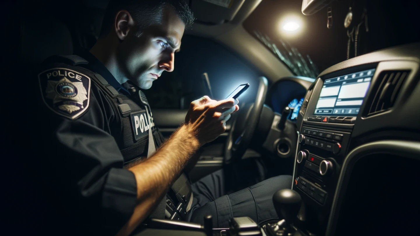DALL·E 2024-02-14 13.08.50 - A police officer is sitting in their police car, using a smartphone. The officer is in uniform, focused on the screen of the phone, which illuminat.webp