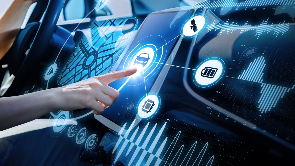 futuristic vehicle and graphical user interface(GUI). intelligent car. connected car. Internet of Things. Heads up display(HUD).