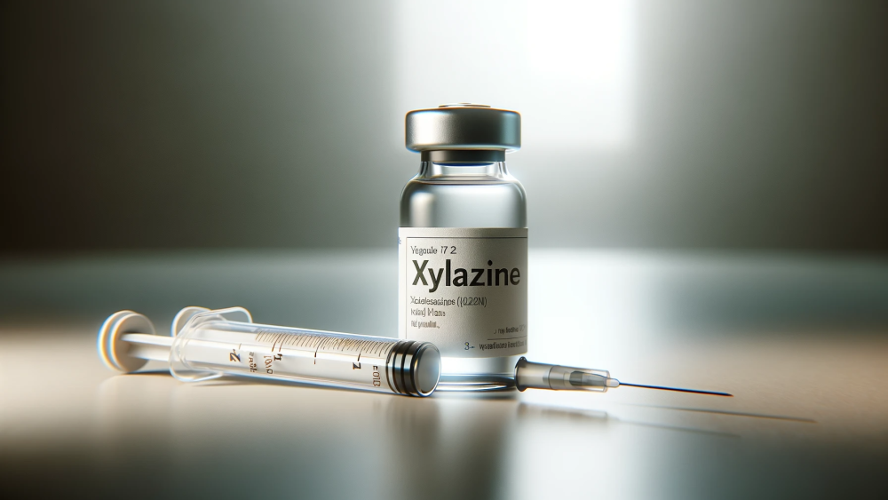 DALL·E 2024-01-30 11.11.12 - A realistic, horizontal image depicting a vial of xylazine placed on a clean, sterile surface. Next to the vial, there is a medical syringe with a ne.png
