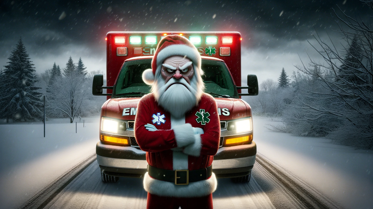 DALL·E 2023-12-14 15.52.47 - An image for the EMS poem _A visit from St. Ridiculous,_ featuring a grumpy EMS Santa Claus as a paramedic, standing in front of a text-free ambulanc.png