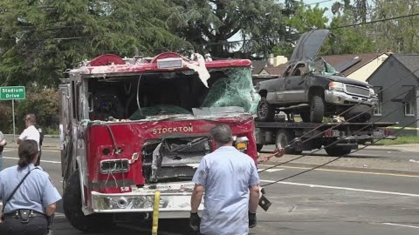 Calif. fire engine crashes into house after multi-vehicle collision