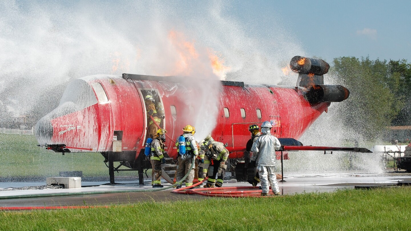 Firefighters,Attacking,Aircraft,Fire,And,Making,Entry
