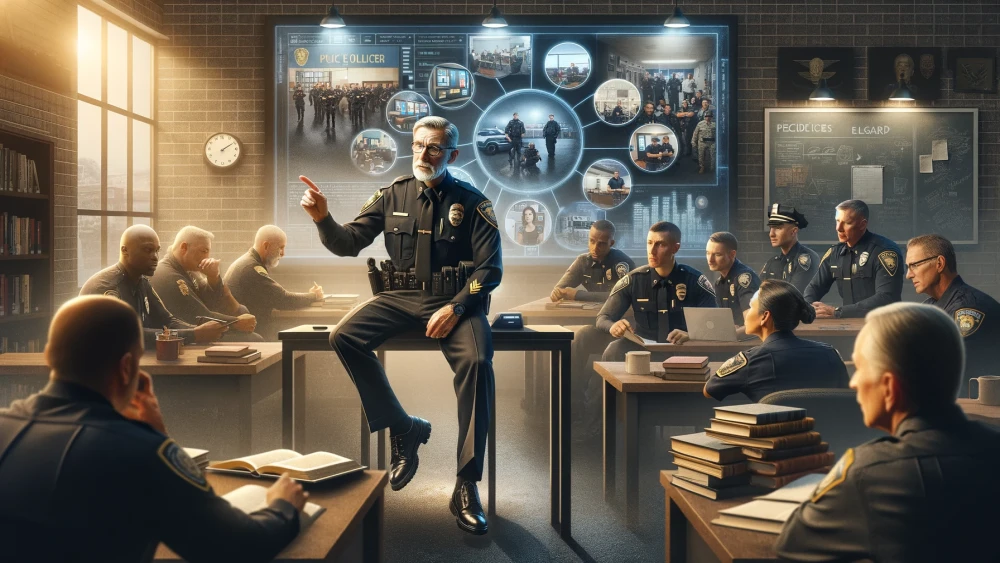 DALL·E 2024-02-02 12.30.23 - Create an inspirational and informative image for an article about leadership in law enforcement. The image should feature a wise, experienced polic.webp