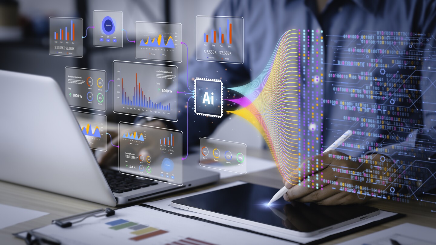 Data analysis science and big data with AI technology. Analyst or Scientist uses a computer and dashboard for analysis of information on complex data sets on computer. Insights development engineer